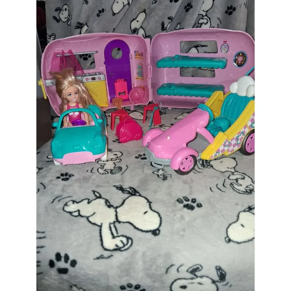 Barbie Pink Chelsea Camper Set With Doll, Racecar, And Accessories